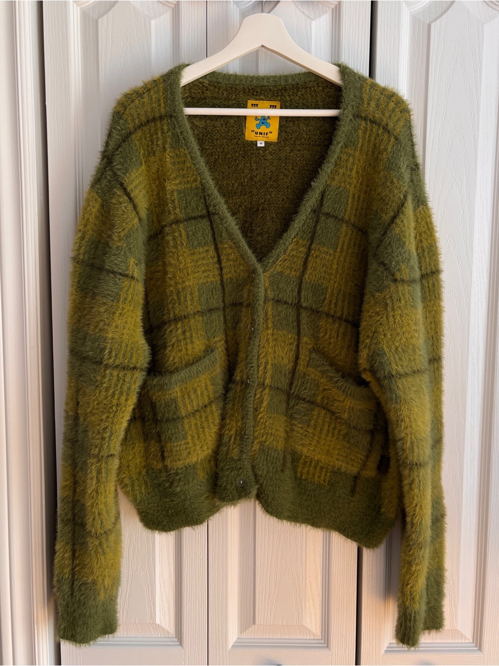 UNIF Olive Plaid Fuzzy V-Neck Cardigan